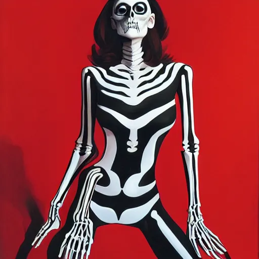 Image similar to portrait of a woman, wearing a skeleton catsuit, by alex ross and berthold woltze.