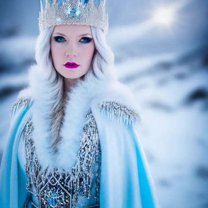 Image similar to professional photograph of a real - life ice queen with ornate robes. extremely detailed. dslr. 8 k