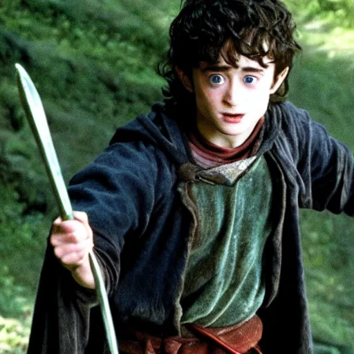 Prompt: Film still of a young Daniel Radcliffe as Frodo in Lord of the Rings: The Return of the King