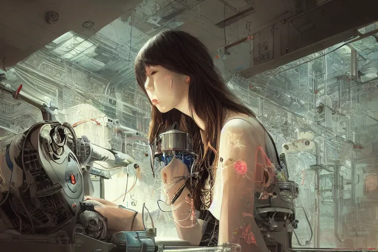 Prompt: hyperrealistic photography of a machine entering a female host in the style of Jin Kagetsu, James Jean and wlop, highly detailed, sharp focus, intricate concept art, digital painting, ambient lighting, 4k, artstation