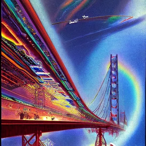 Prompt: floating holographic lsd spaceship floating underneath rainbow gate bridge, art by bruce pennington, cinema still