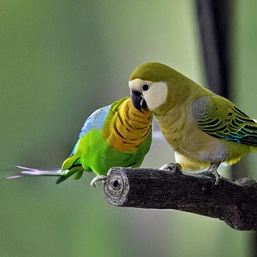 Prompt: parakeet hybrid with a robin, high resolution photograph