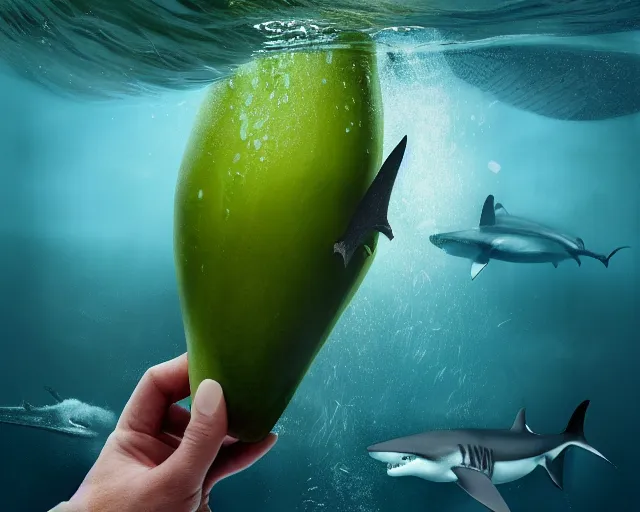 Prompt: 5 5 mm photo of two fingers holding a large green grape with a shark swimming inside, on the shore. magical atmosphere. art by greg rutkowski. highly detailed 8 k. intricate. lifelike. soft light. nikon d 8 5 0.