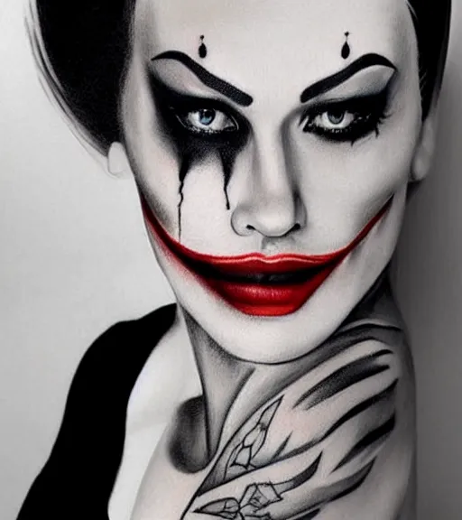 Image similar to tattoo design sketch of a beautiful blonde female portrait with joker makeup, in the style of den yakovlev, realistic face, black and white, realism tattoo, hyper realistic, highly detailed