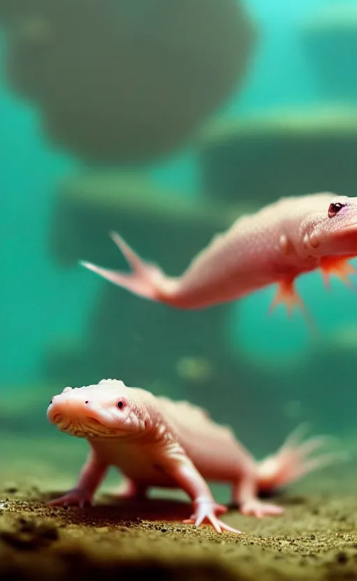 Prompt: axolotl mexican walking fish cute amphibian, wide angle shot by greg rutkowski