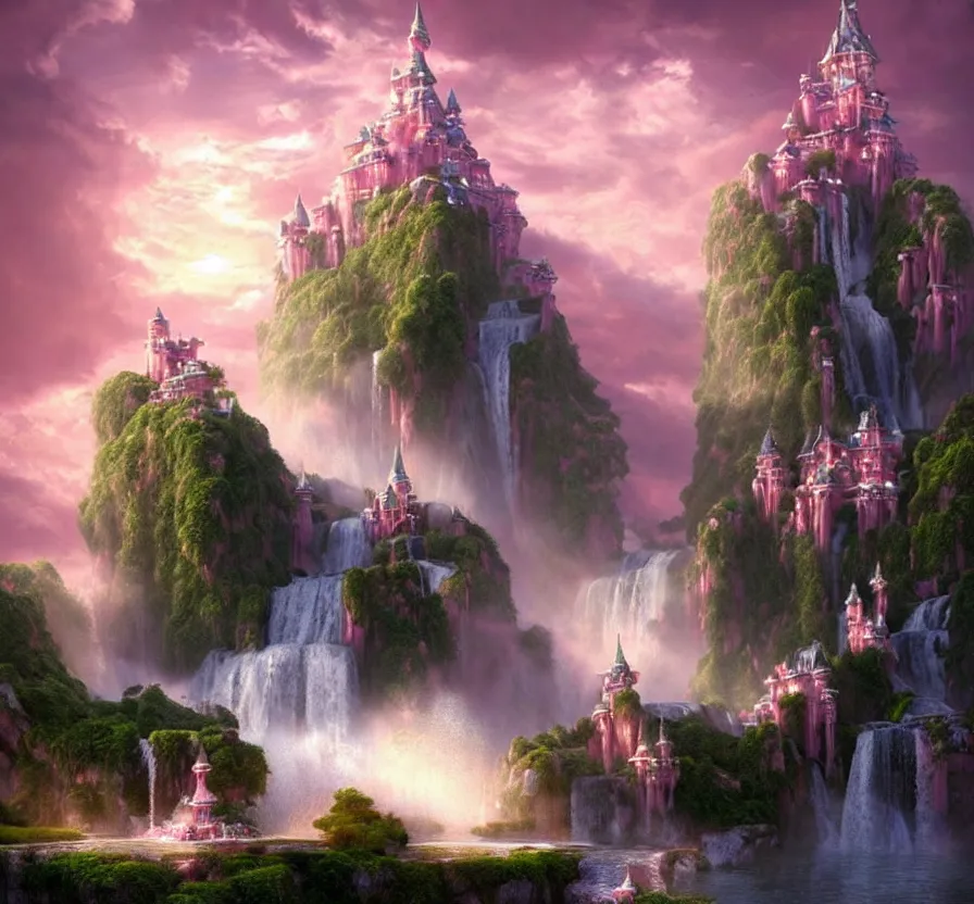 Image similar to beautiful!!! digital painting of a ( ( ( floating cloud kingdom ) ) ) with an intricate expensive castle and waterfalls!! | dreamy pink!!! sunset!!! intricate civilization, epic rim lighting, dramatic!!!! craig mullins, james jean, octane render, trending on artstation, deviantart, studio level quality, hyperdetailed