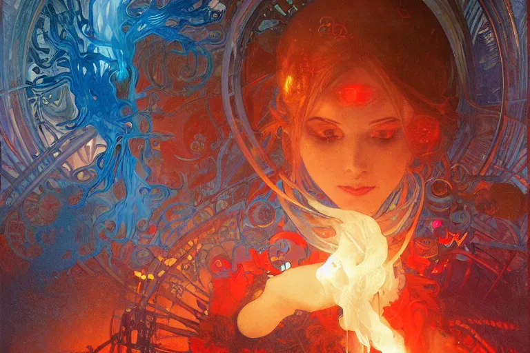 Image similar to arcs of blue flame intertwined with water, glinting particles of ice, dramatic lighting, steampunk, bright neon, holographic secret cyphers, red flowers, solar flares, intricate art by alphonse mucha and greg rutkowski