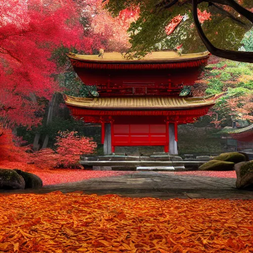 Image similar to cozy tang dynasty shrine in a maple forest during autum, red leaves, senpou temple from sekiro, award winning fantasy concept art, high octane render, 8k resolution, high definition