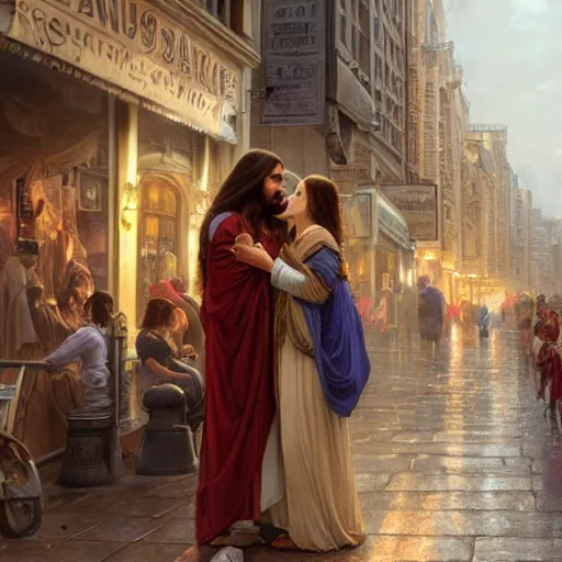 Prompt: jesus kissing a woman in a street, elegant, highly detailed, digital painting, artstation, concept art, matte, sharp focus, highly detailed, 4 k, hdr, smooth, sharp focus, high resolution, award - winning photo, photorealistic, art by artgerm and greg rutkowski and alphonse mucha, large shot