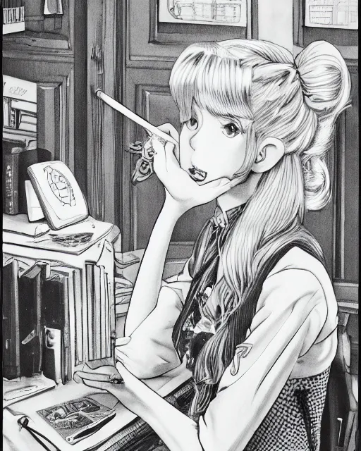 Image similar to illustration depicting a wealthy young mischievous female prep school student with medium length bright blonde hair and pale skin, in an old study room smoking her dad's cigarettes, complex artistic style, color ink pen illustration, subtle detailing, illustrated by Artgerm and Range Murata.