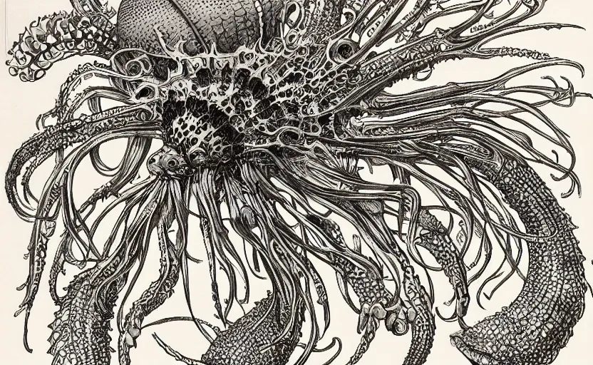 Image similar to monster character design, fantasy. intricate jellyfish crab eagle lizard biomechanical. by ernst haeckel