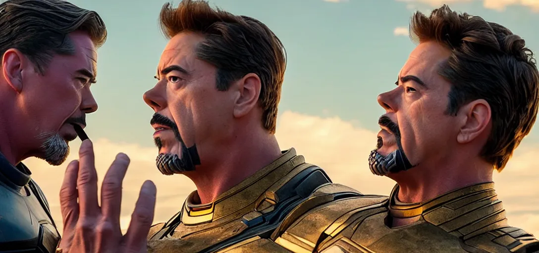 Image similar to a very high resolution image from a new movie. thanos kissing tony stark on a lake, photorealistic, photography, directed by wes anderson