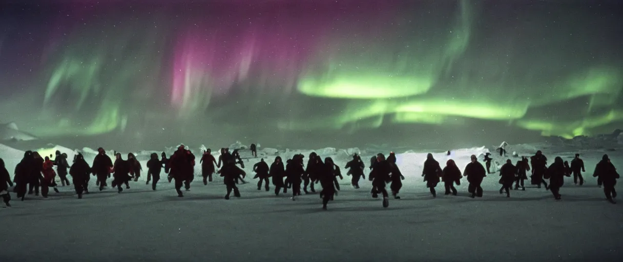 Prompt: filmic extreme wide shot movie still 4 k uhd exterior shot 3 5 mm film color photograph of a crowd of people people running in terror around a village in the antarctic at night with the northern lights lighting up the sky, in the style of the horror film the thing 1 9 8 2