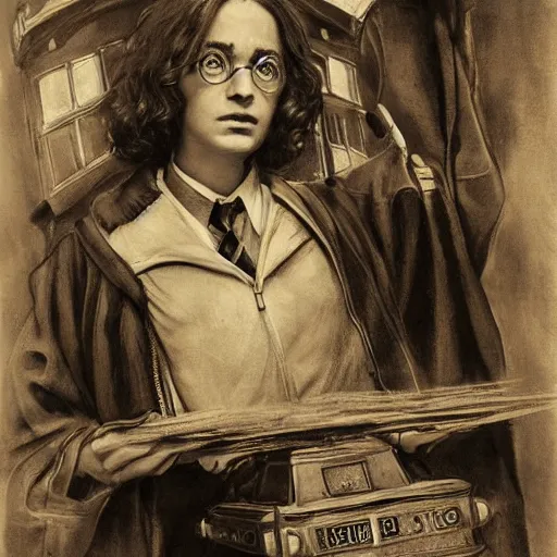 Image similar to harry potter at a tardis console, highly detailed, artstation, concept art, smooth, sharp focus, illustration, perfect face, art by jean - joseph benjamin - constant, karl blossfeldt, willem claesz. heda, nikolay makovsky, jacek malczewski