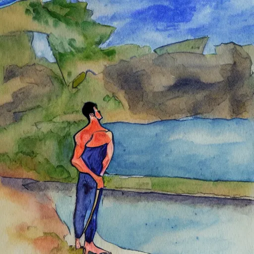 Image similar to muscular man by the river, water color painting