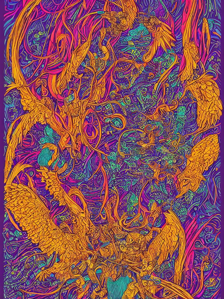 Prompt: beautiful colorful hyperrealist highly detailed psychedelic music poster'the electric owls live at the fillmore ', symmetrical full body, beautiful high contrast woodcut, moebius and charles burns comic style, shocking detail trending on artstation 8 k