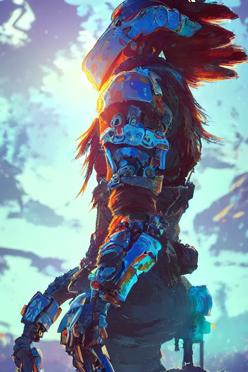 Image similar to combination suit armor aloy horizon forbidden west horizon zero dawn radiating a glowing aura global illumination ray tracing hdr fanart arstation by ian pesty and alena aenami artworks in 4 k tribal robot ninja mask helmet backpack