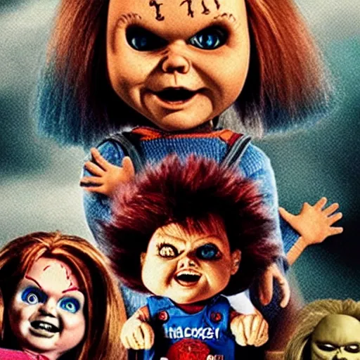 Prompt: Chucky the killer doll versus The Goonies movie poster