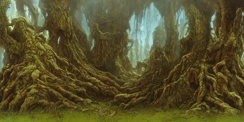 Image similar to Artwork by John Howe of the cinematic view of The Wood of Mirage, a Forest, within which can be found a mucid manor.