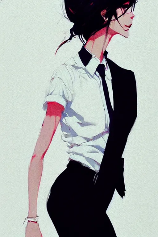 Image similar to a ultradetailed beautiful panting of a stylish woman, she is wearing a white shirt with a tie and black pants, by conrad roset, greg rutkowski and makoto shinkai trending on artstation