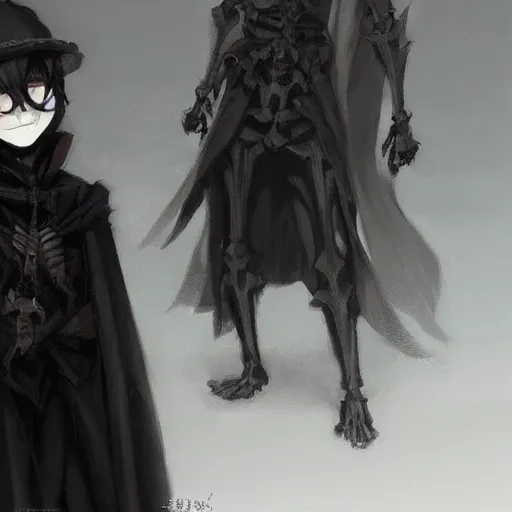 Prompt: a skeleton in black cloak by Krenz Cushart