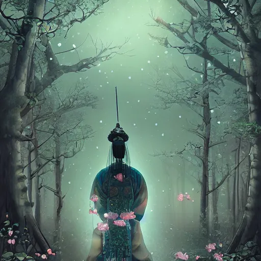 Prompt: magical samurai floating meditating in enchanted forest, digital art, surreal, beautiful, detailed, highly detailed, intricate, powerful warrior