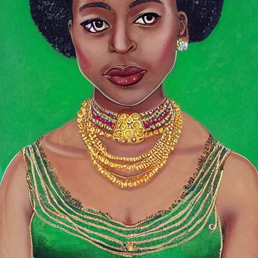 Image similar to An ethnically african duchess with an updo wearing an emerald dress and gold jewelry, fantasy character portrait