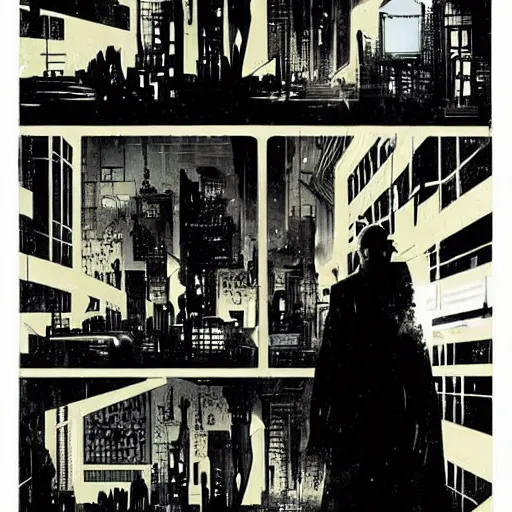 Image similar to cyberpunk city noir by dave mckean and mike mignola