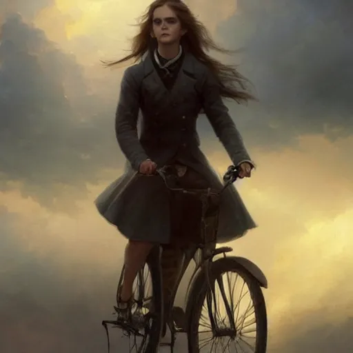 Image similar to cinematic shot epic portrait emma watson riding a bicycle in the streets, atmospheric, cloudy, broad light, ambient occlusion, volumetric light effect, made by ivan aivazovsky, peter mohrbacher, greg rutkowski, ross tran, matte painting, trending on artstation, 4 k, perfectly defined features, digital painting, cinematic, epic, highly detailed,