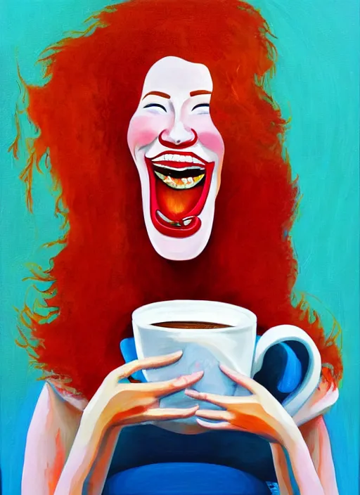 Prompt: painting by jon hale of red haired woman with pierced septum holding a coffee and laughing, massive laugh, motion lines, happy face, spilling coffee, dripping liquid, visible brushstrokes, hd