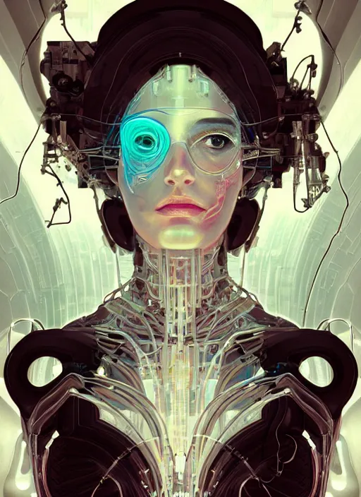 Image similar to beautiful woman, portrait, made of shapes, wires, tubes, veins, jellyfish, white bio - mechanical details, bionic cyborg implants, augments, masterpiece, intricate, biopunk, dramatic lightning, cyberpunk, by loish and makoto shinkai and lois van baarle and ilya kuvshinov and tom bagshaw and alphonse mucha