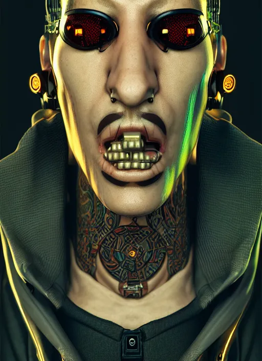 Image similar to portrait of a cyberpunk yakuza raver gutter punk cyborg, golden ratio, details, scifi, dark fantasy, cyberpunk, intricate, ornate, highly detailed, octane render, 8 k, artstation, loish, wlop