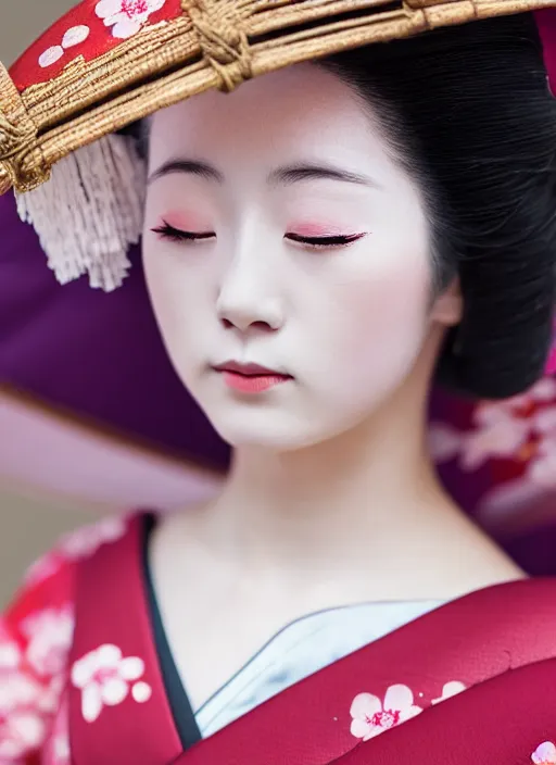 Prompt: Beautiful Japanese geisha close up portrait shot, 1920s geisha, young woman, in color, half body photo, upper body, traditional geisha clothing, geisha makeup, geisha hairstyle, hyper realistic, 8k, trending, professional photography, cherry blossom background