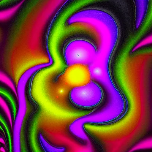 Image similar to highly reflective fractal shape. neon colours. fog