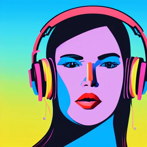 Image similar to a close up of a female face with headphones and retro colours, synthwave style, 2d digital vector art