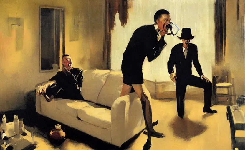 Image similar to a thin man screams at a telephone beside a sofa in a dark living room, painted by phil hale and rick berry and tom lovell and frank schoonover, highly detailed