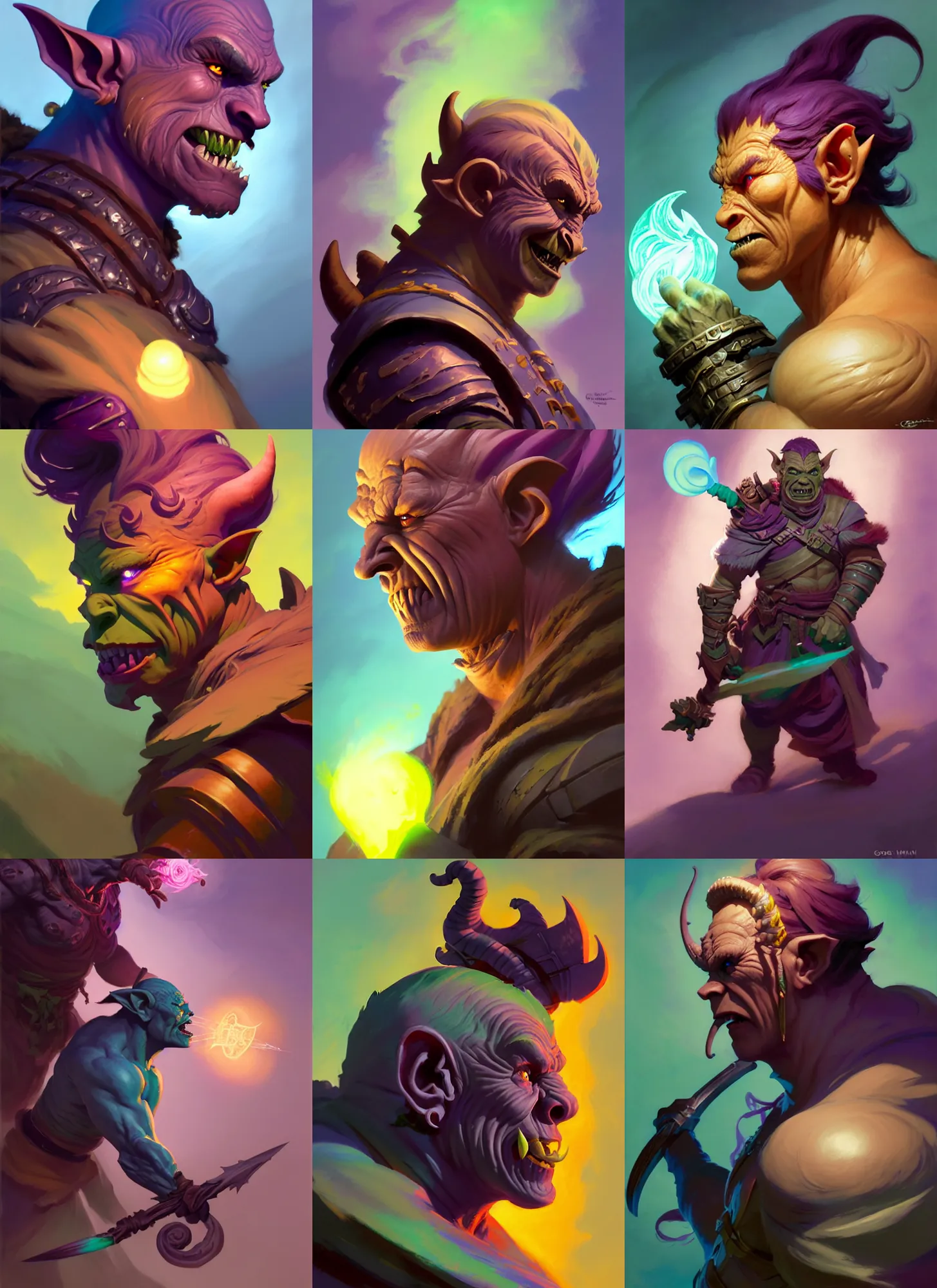 Prompt: side profile, male orc - goblin ranger, gloomhaven, luminescent, colorful swirly magic ripples, pastel colors, by greg manchess, huang guangjian, gil elvgren, sachin teng, greg rutkowski, jesper ejsing, ilya kuvshinov