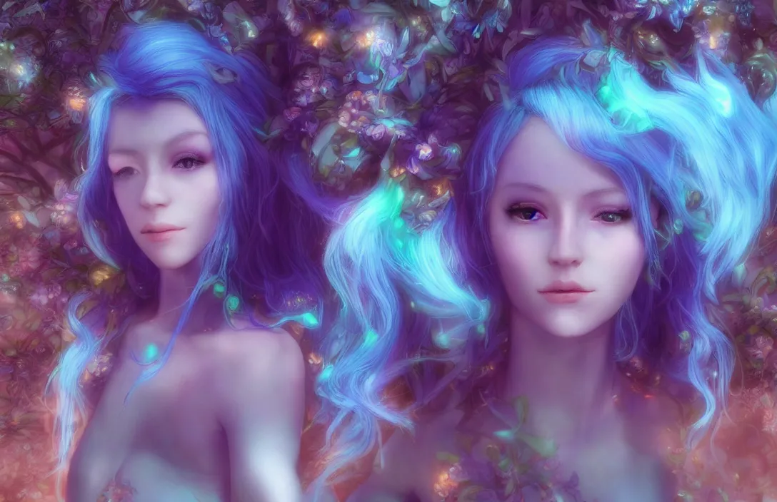 Prompt: beautiful fairie girl with flowing blue hair ( accurate facial details ) ( accurate body details ), walking through a bioluminescent magical forest, magical, dreamy, cinematic lighting, beautiful lighting, hyperdetailed 4 k artstation