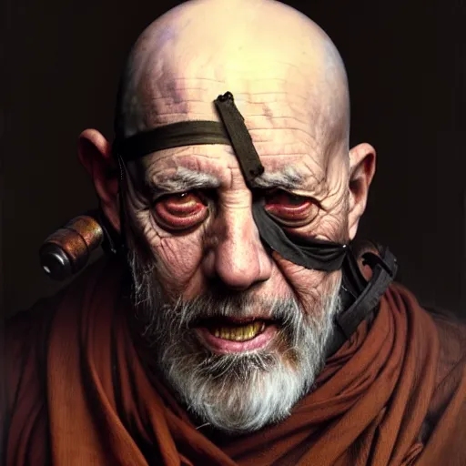 Image similar to portrait painting of a post - apocalyptic older american man blindfolded and wearing monk garbs with a scrap pauldron, ultra realistic, concept art, intricate details, eerie, highly detailed, photorealistic, octane render, 8 k, unreal engine. art by artgerm and greg rutkowski and charlie bowater and magali villeneuve and alphonse mucha