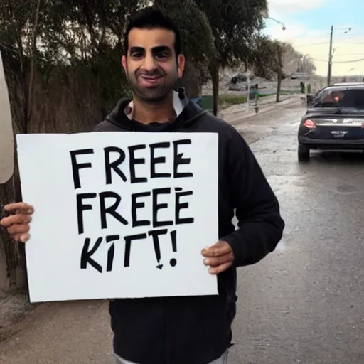 Prompt: photo of emad holding a sign saying free kittens