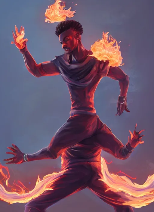Image similar to a highly detailed illustration of black guy with tall box fade hair wearing tracksuit with flaming hands and feet, heroic flying pose, intricate, elegant, highly detailed, centered, digital painting, artstation, concept art, smooth, sharp focus, league of legends concept art, wlop