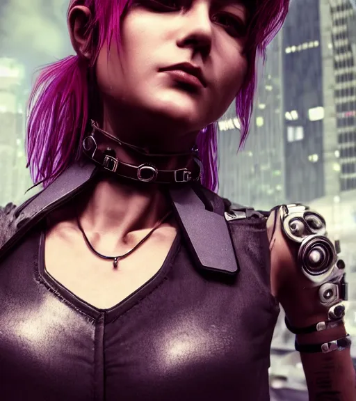 Image similar to detailed realistic female character cyberpunk wearing thick technological collar around neck, realistic, art, beautiful, 4K, collar, choker, collar around neck, punk, artstation, detailed, female, woman, choker, cyberpunk, neon, punk, collar, choker, collar around neck, thick collar, tight around neck, punk,