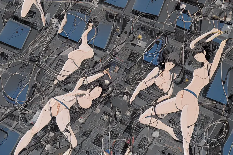 Prompt: a magazine cover illustration of a group of female androids' body parts with cables and wires coming out lying scattered over an empty floor, by masamune shirow, hajime sorayama, moebius, xsullo, james jean, murakami takashi and katsuhiro otomo, view from above, minimalist, hyperdetailed, super rich, studio ghibli golden color scheme, lasers, sparkles and fairies flying around, crazy and a bit weird