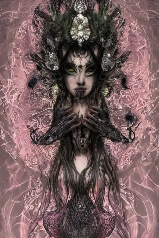 Prompt: highly detailed, digital painting of a beautiful arcane witch in a dark intricate ornate fractal-lace and gemstones mask, wearing a stunning silky bio-luminiscent neon-noir neo-goth dress, subdued dark pastel colors palette, full view, soft lighting, vivid, Hyperdetailed, 4k hd matte, 8k resolution, enchanting and otherworldly, detailed, front view, Portrait backlighting, Kodakchrome, high contrast, Gsociety, trending on ArtstationHQ, dreamscape maximized.
