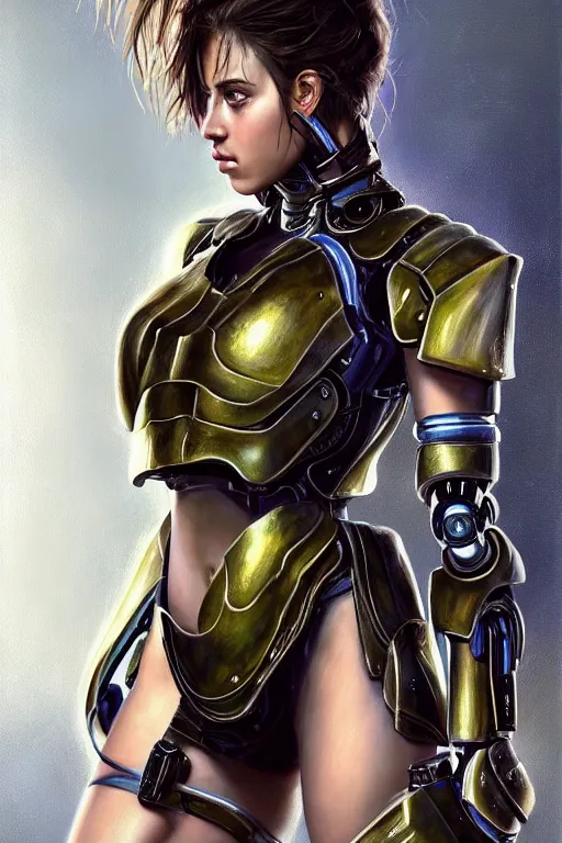 Image similar to a photorealistically painted portrait of an attractive young girl, partially clothed in cybernetic battle armor, with an abstractly painted background, flawless olive skin, fair complexion, long dark hair, beautiful bone structure, perfectly symmetric facial features, perfect photorealistic eyes, natural physique, intricate, elegant, digital painting, concept art, finely detailed, beautifully illustrated, sharp focus, minimal artifacts, volumetric lighting, from Metal Gear, by Ruan Jia and Mandy Jurgens and Artgerm and William-Adolphe Bouguerea, in the style of Greg Rutkowski, trending on Artstation, award winning art