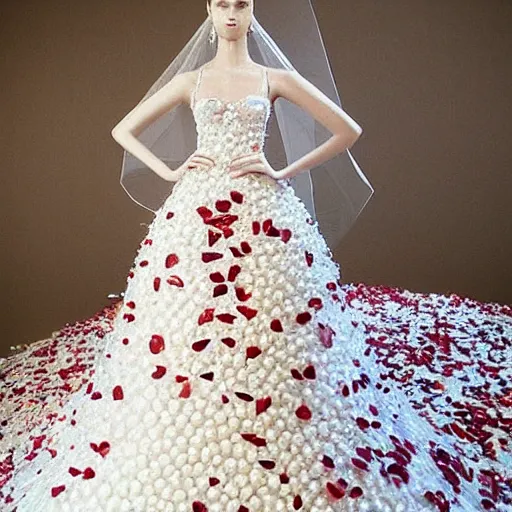 Prompt: extremely detailed and complex wedding dress made of rose petals, tiny shiny razor blades, pearls and sharp chunks of glass