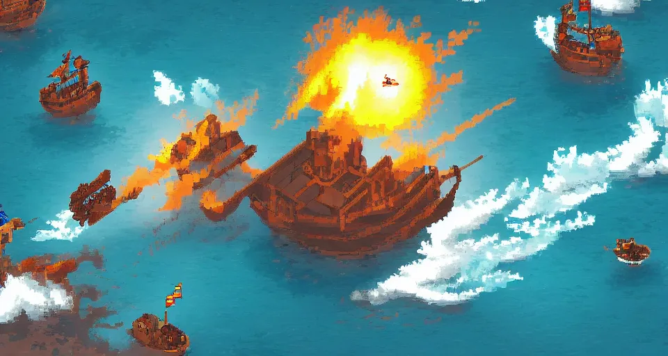 Image similar to Pixelart of a pirates battles in the ocean, volumetric lighting, digital pixel art, pixiv, by Aenami