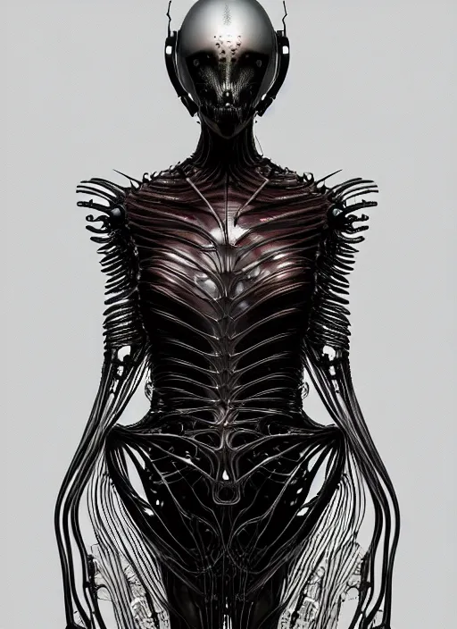 Image similar to iris van herpen gothic inflateble dark dress, perfect symmetrical body, helmet on face, full body shot, alien, plant predator, guyver, giger, wires, tubes, veins, jellyfish, white biomechanical details, wearing epic bionic cyborg implants, masterpiece, intricate, biopunk, vogue, highly detailed, artstation, concept art