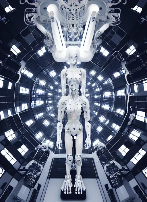 Prompt: dark high detailed space station interior a statue jesus on cross made of white marble, perfect symmetrical body, full body shot, inflateble shapes, wires, tubes, veins, jellyfish, white biomechanical details, wearing epic bionic cyborg implants, masterpiece, intricate, biopunk, vogue, highly detailed, artstation, concept art, cyberpunk, octane render