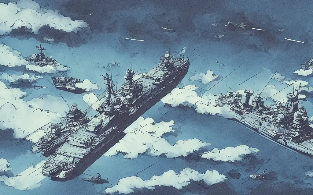 Image similar to japanese battleship yamato flying between the clouds, in the style of james jean and laurie greasley, dynamic composition, dramatic lighting, ultra detailed